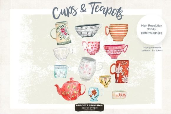 Cups Mugs and Teapot Illustrations for Crafters