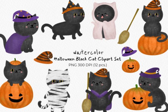 Cute Watercolor Halloween Black Cat Illustrations