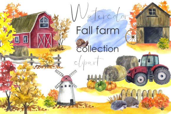 Fall Farmhouse Watercolor Clipart Autumn Illustrations