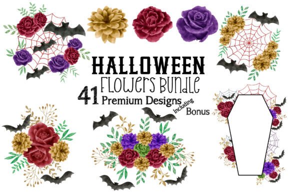 Halloween Flowers Watercolor Bundle PNG: Illustrations Review