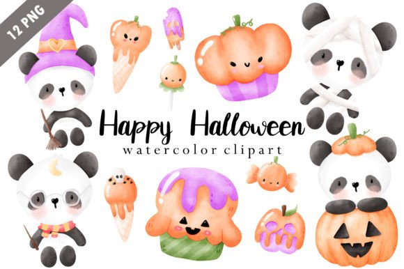 Halloween Panda Watercolor Clipart for Illustrations