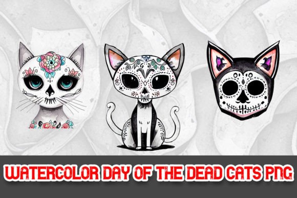 Halloween Watercolor Day of the Dead Cat Illustrations