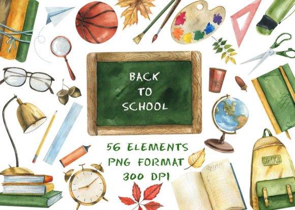 Watercolor Back to School Clipart: Brand Illustrations