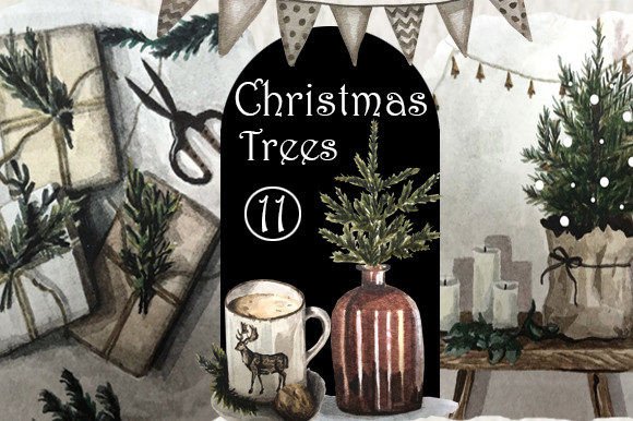 Watercolor Christmas Trees Scandi PNG Illustrations