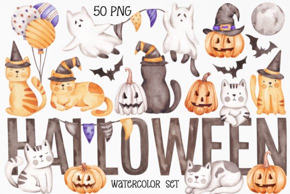 Watercolor Clip Art “Halloween Cats” for Embroidery