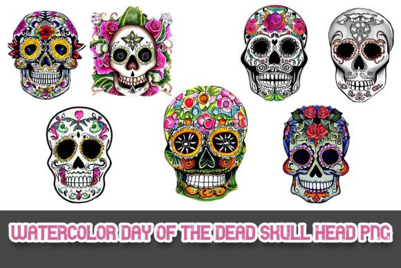Watercolor Day of the Dead Skull Heads Illustrations