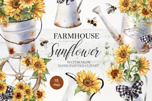 Watercolor Farmhouse Sunflower Clipart Illustrations