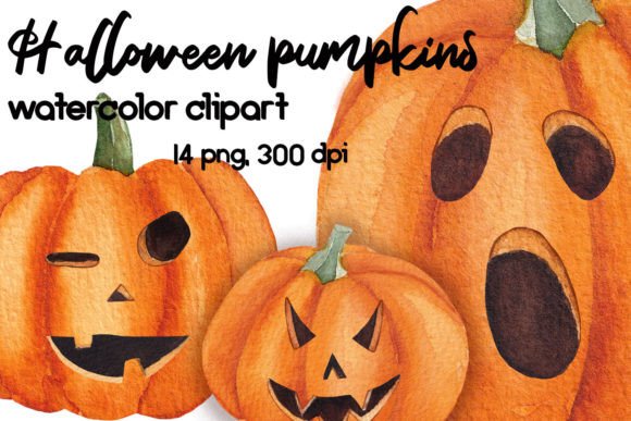 Watercolor Halloween Pumpkins Illustrations for Digital Sales