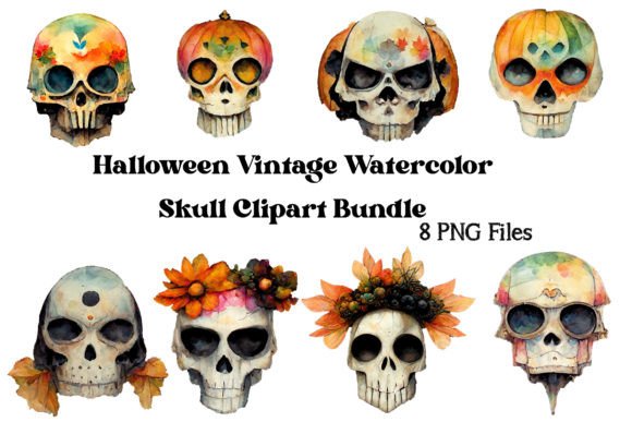 Watercolor Halloween Skull Clipart PNG Illustrations