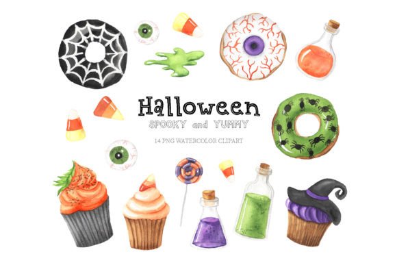 Watercolor Halloween Yummy Candy Clipart Illustrations