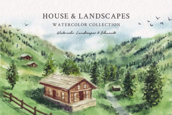 Watercolor House Landscapes Illustrations for Crafters